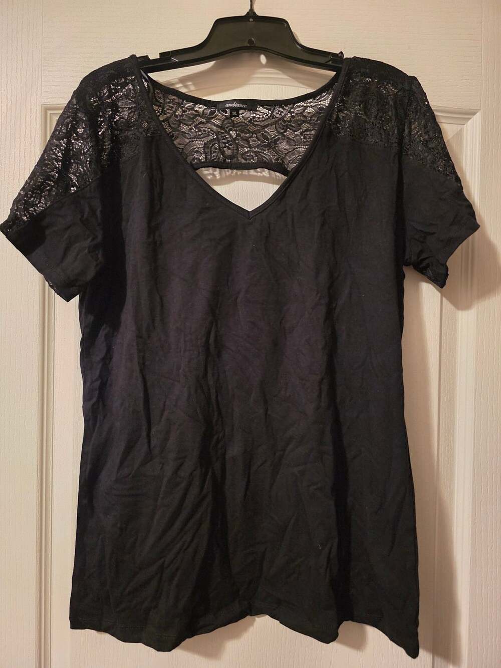 Ambiance Black Lace Top Size 3XL V-Neck Short Sleeve Cutout Back